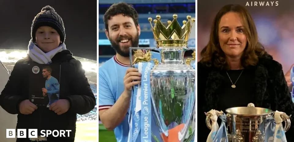 Niño con un folleto, hombre con trofeo y mujer con copa