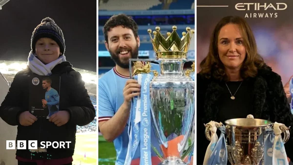 Niño con un folleto, hombre con trofeo y mujer con copa