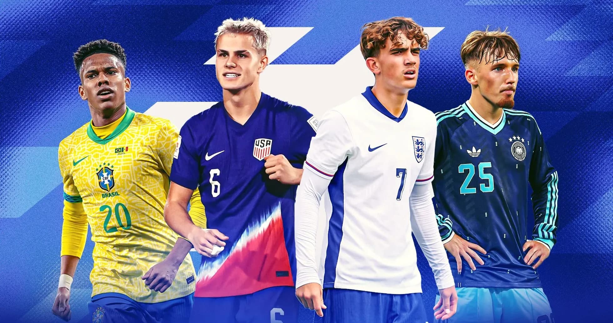 Cuatro jugadores de fútbol en camisetas de selecciones