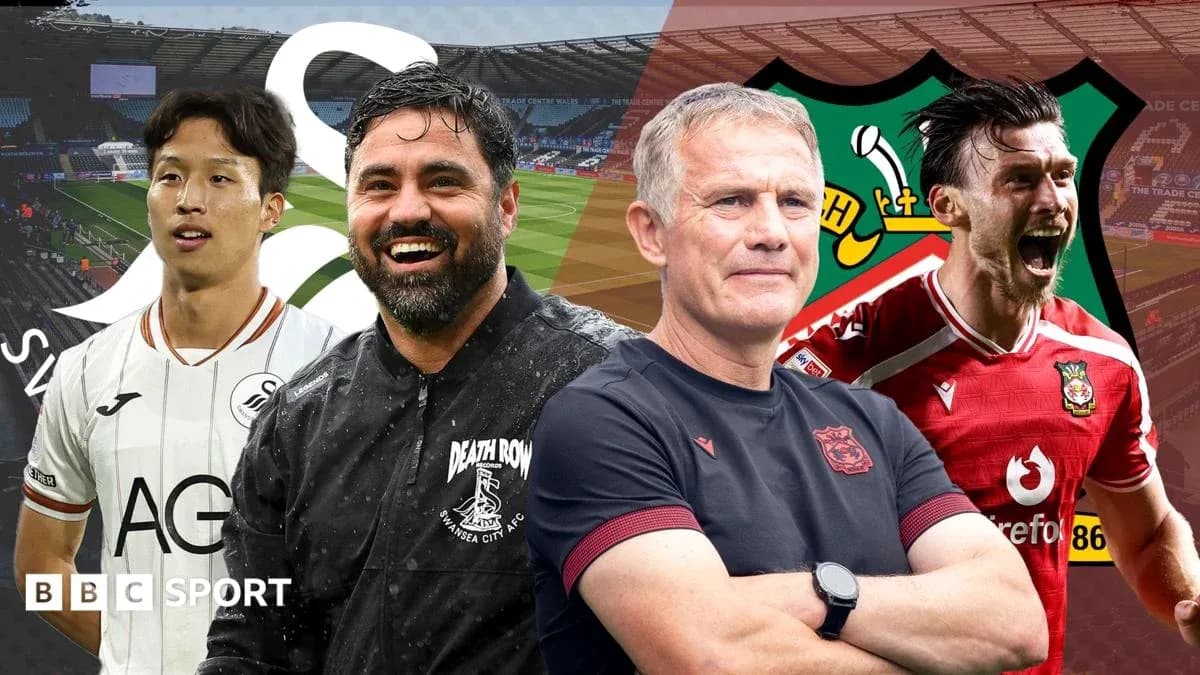 Jugadores y entrenadores de Swansea y Wrexham en un fondo de estadio