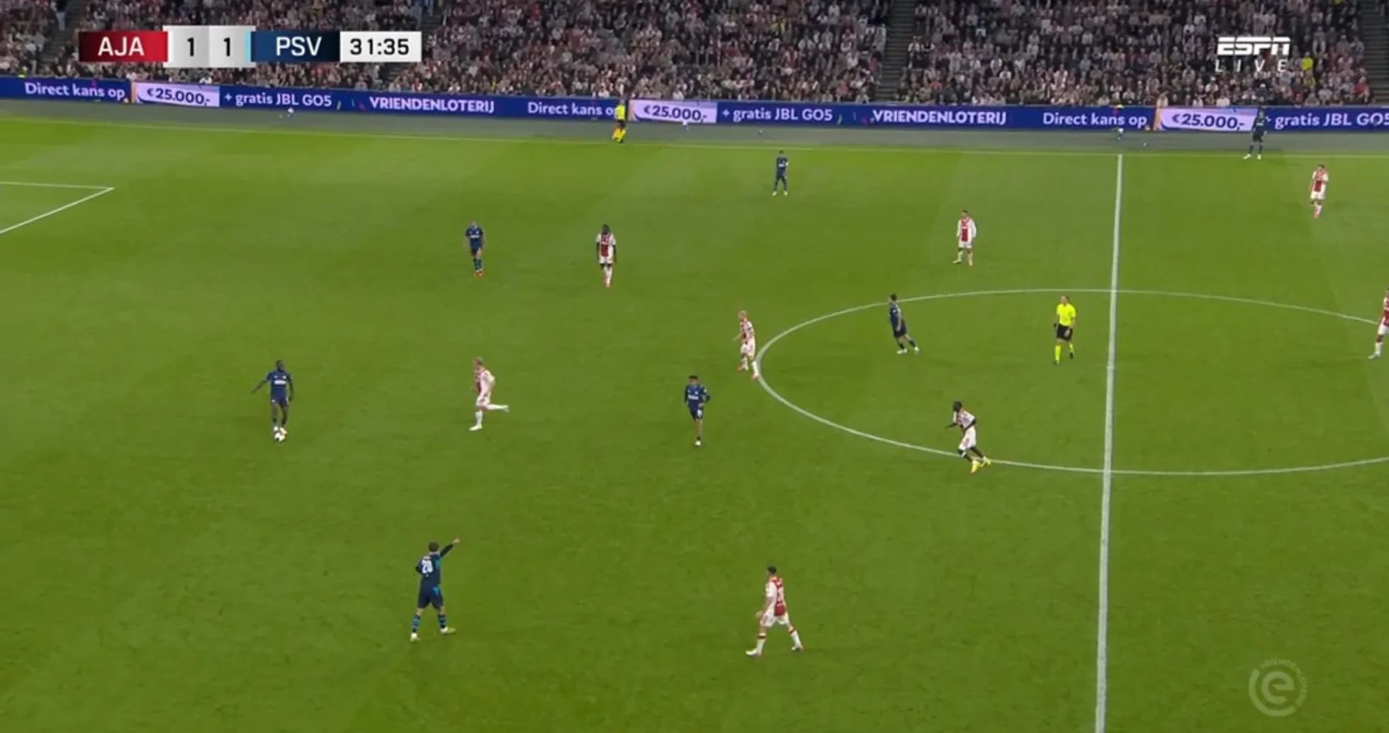 Jugadores de Ajax y PSV en medio del partido