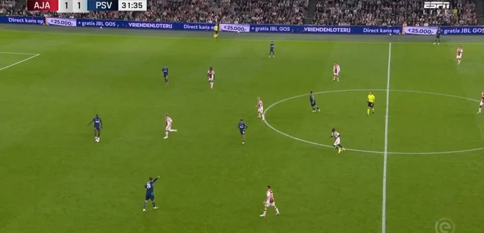 Jugadores de Ajax y PSV en medio del partido