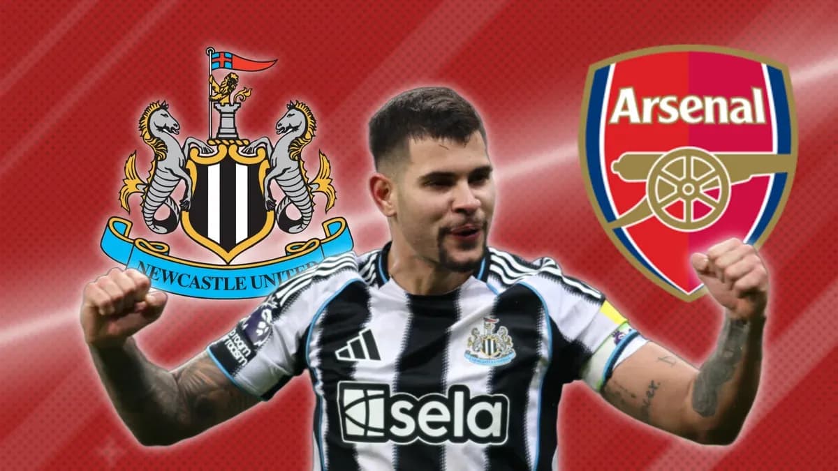 Jugador de Newcastle United celebrando con logos de Arsenal y Newcastle