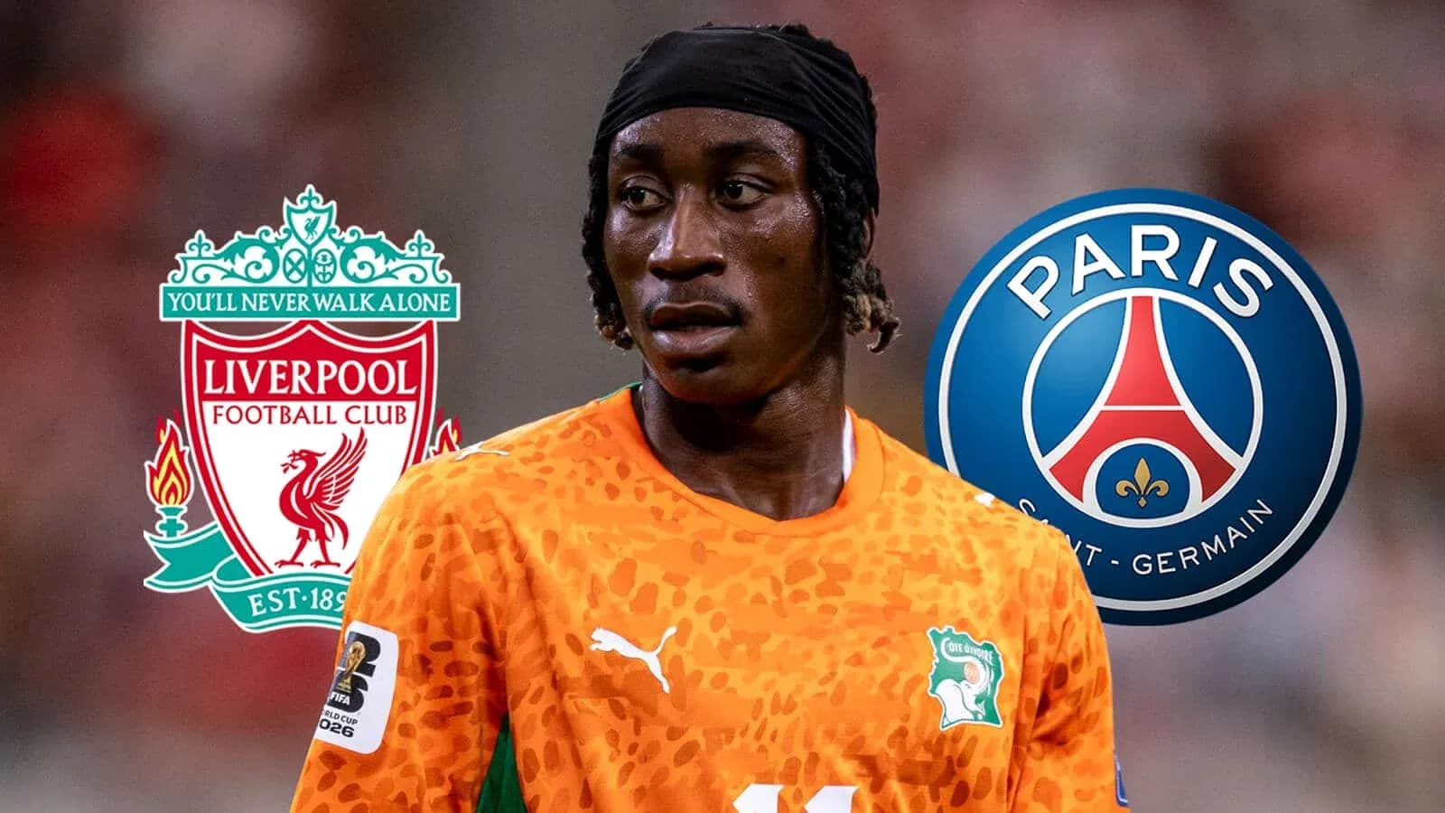 Jugador con camiseta de Costa de Marfil y logos de Liverpool y PSG