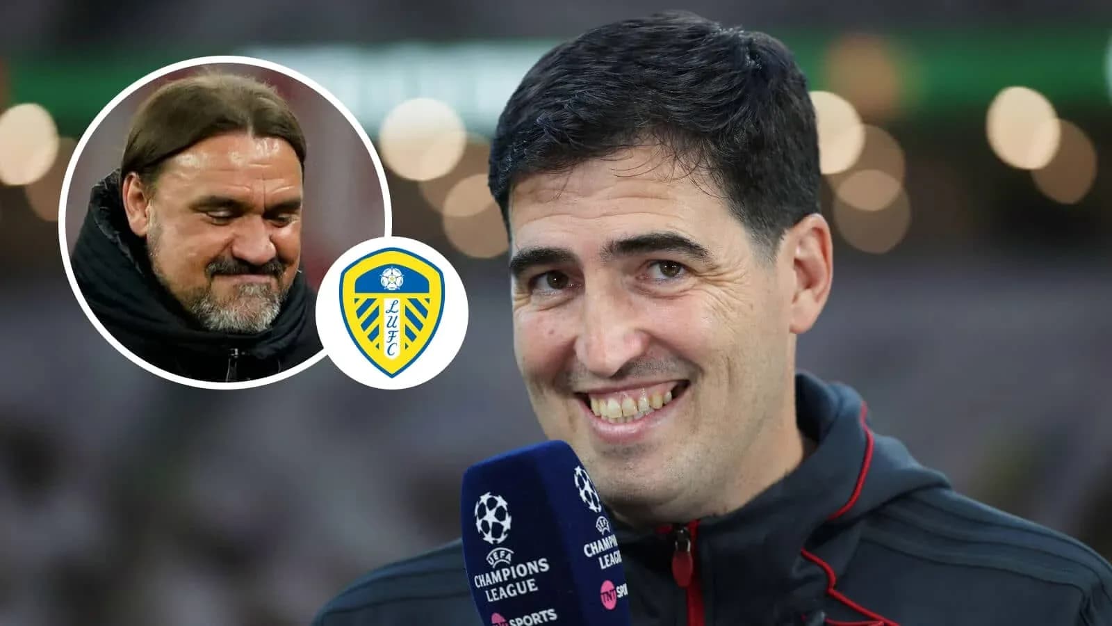 Entrenador sonriendo con micrófono de entrevista