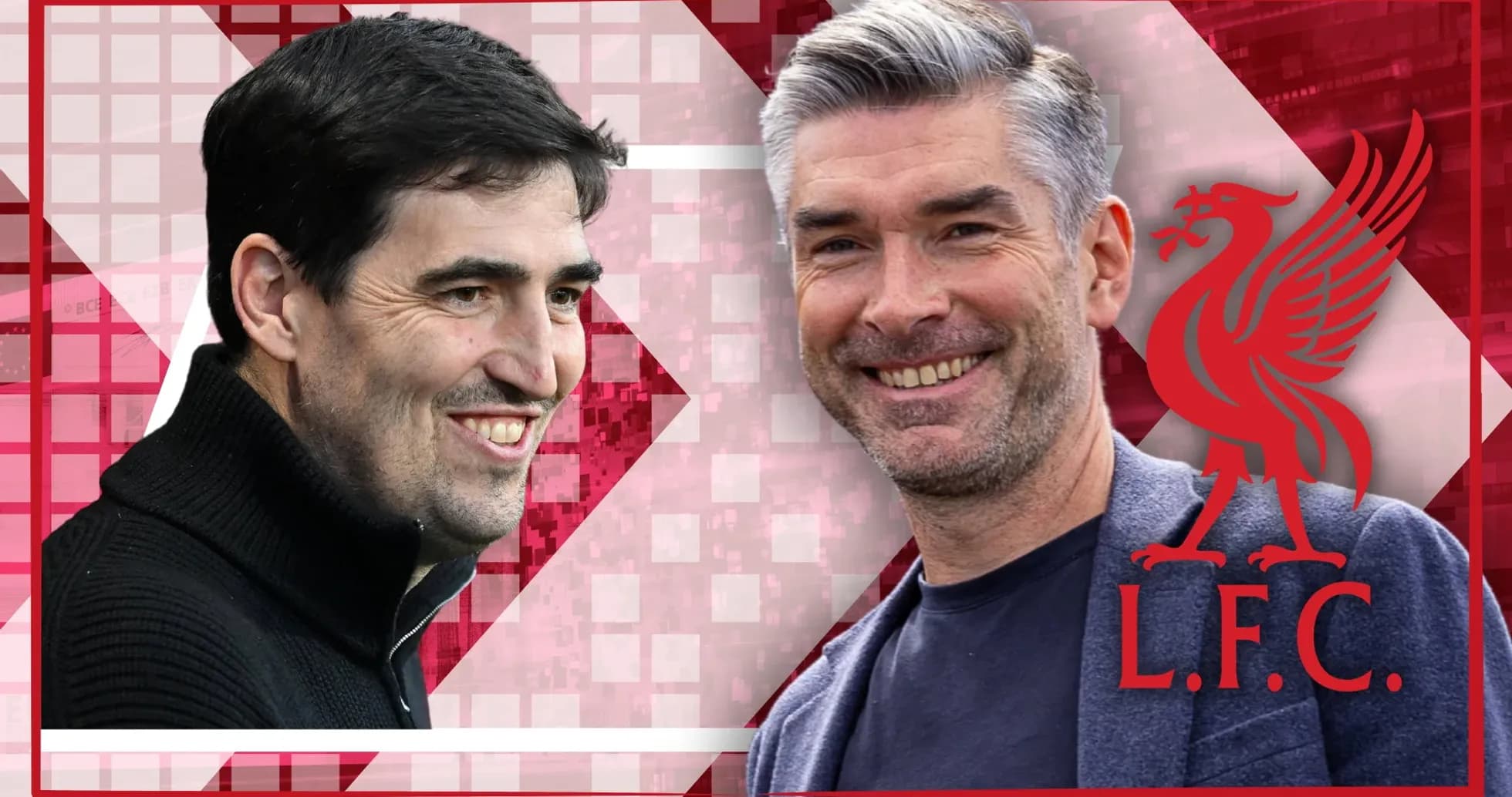 Entrenadores sonriendo con fondo de Liverpool F.C.