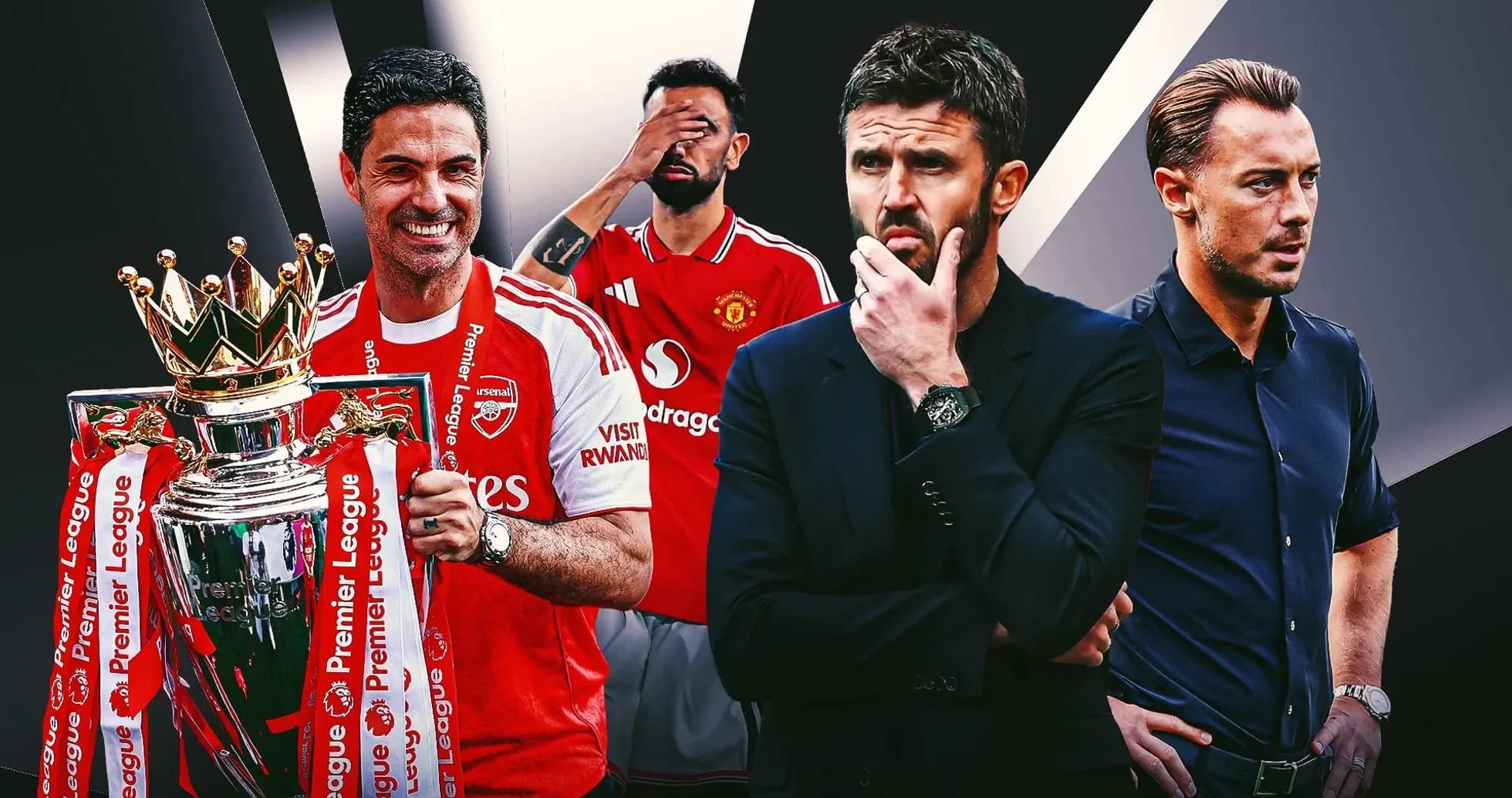 Entrenadores y jugadores de fútbol con trofeo Premier League