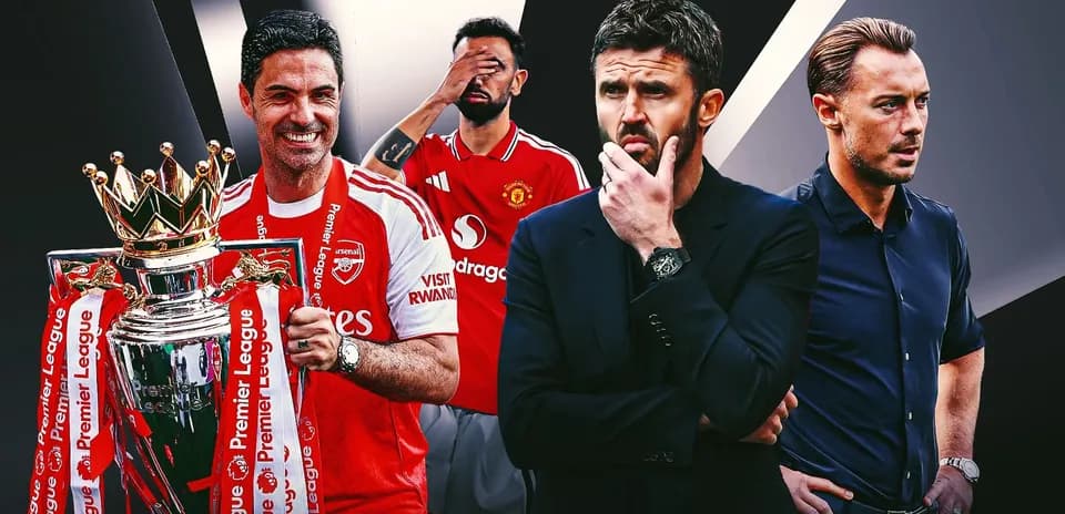 Entrenadores y jugadores de fútbol con trofeo Premier League