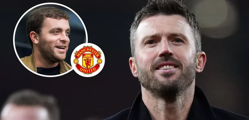 Michael Carrick speaking with Manchester United logo