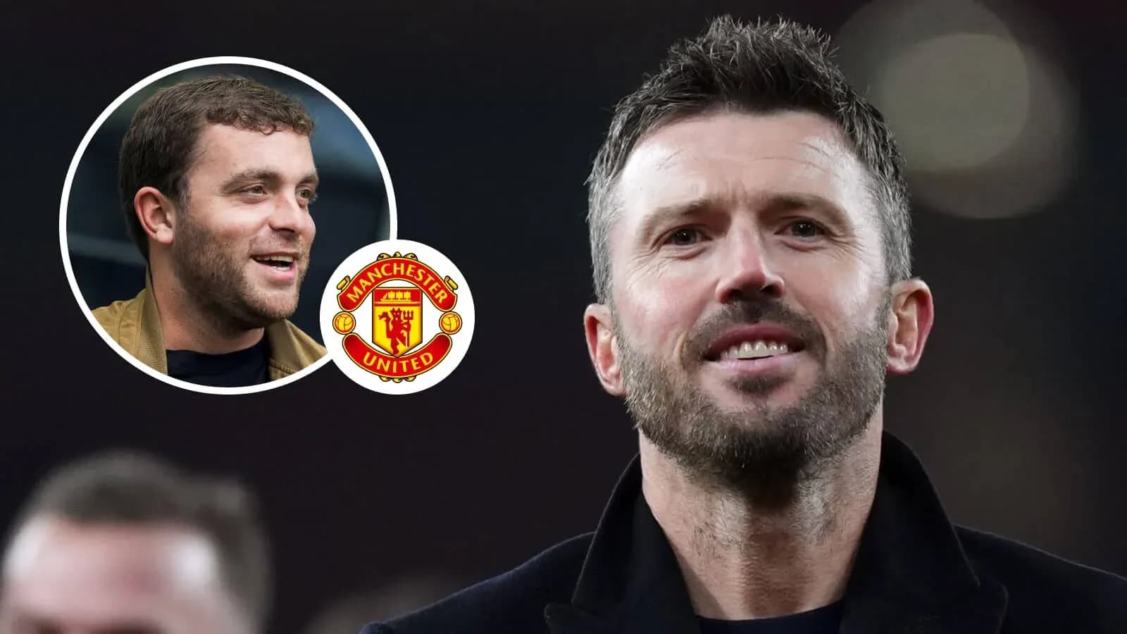 Michael Carrick speaking with Manchester United logo