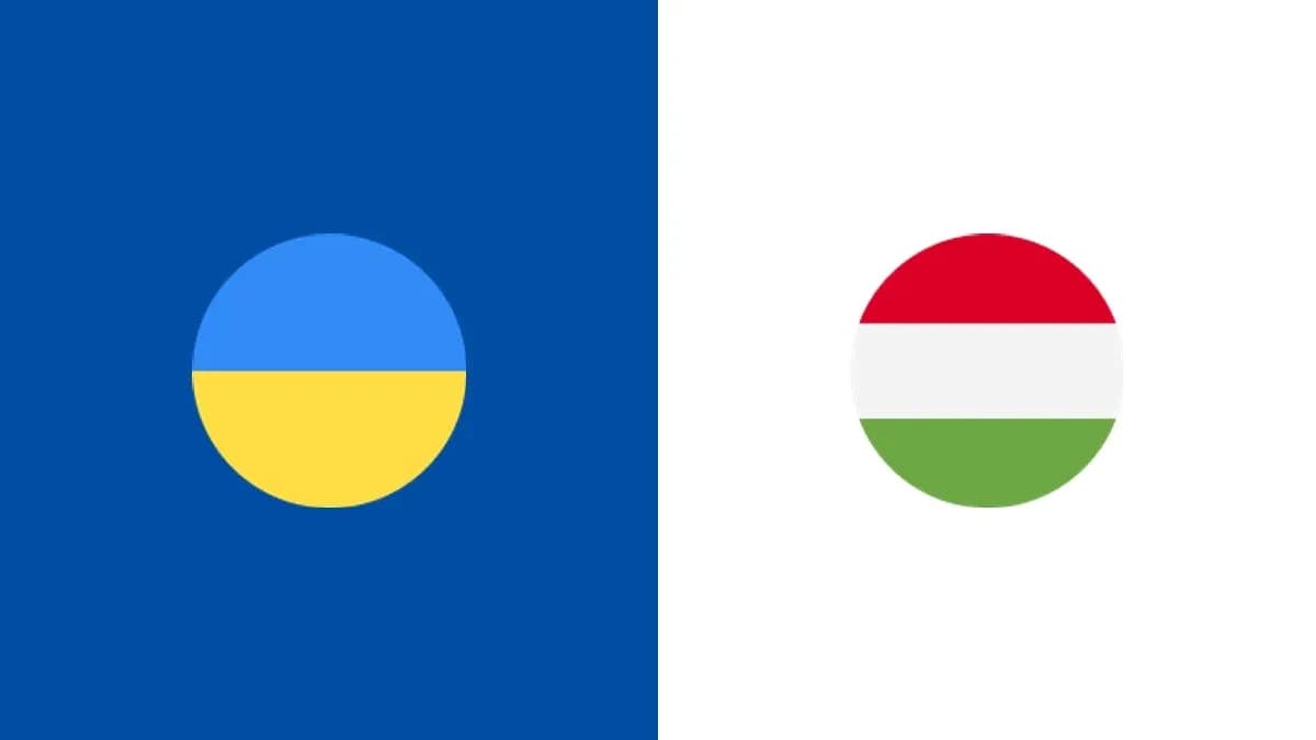 Banderas de Ucrania y Hungría en fondo blanco y azul