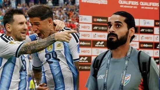 Jugadores argentinos celebrando un gol y periodista en conferencia