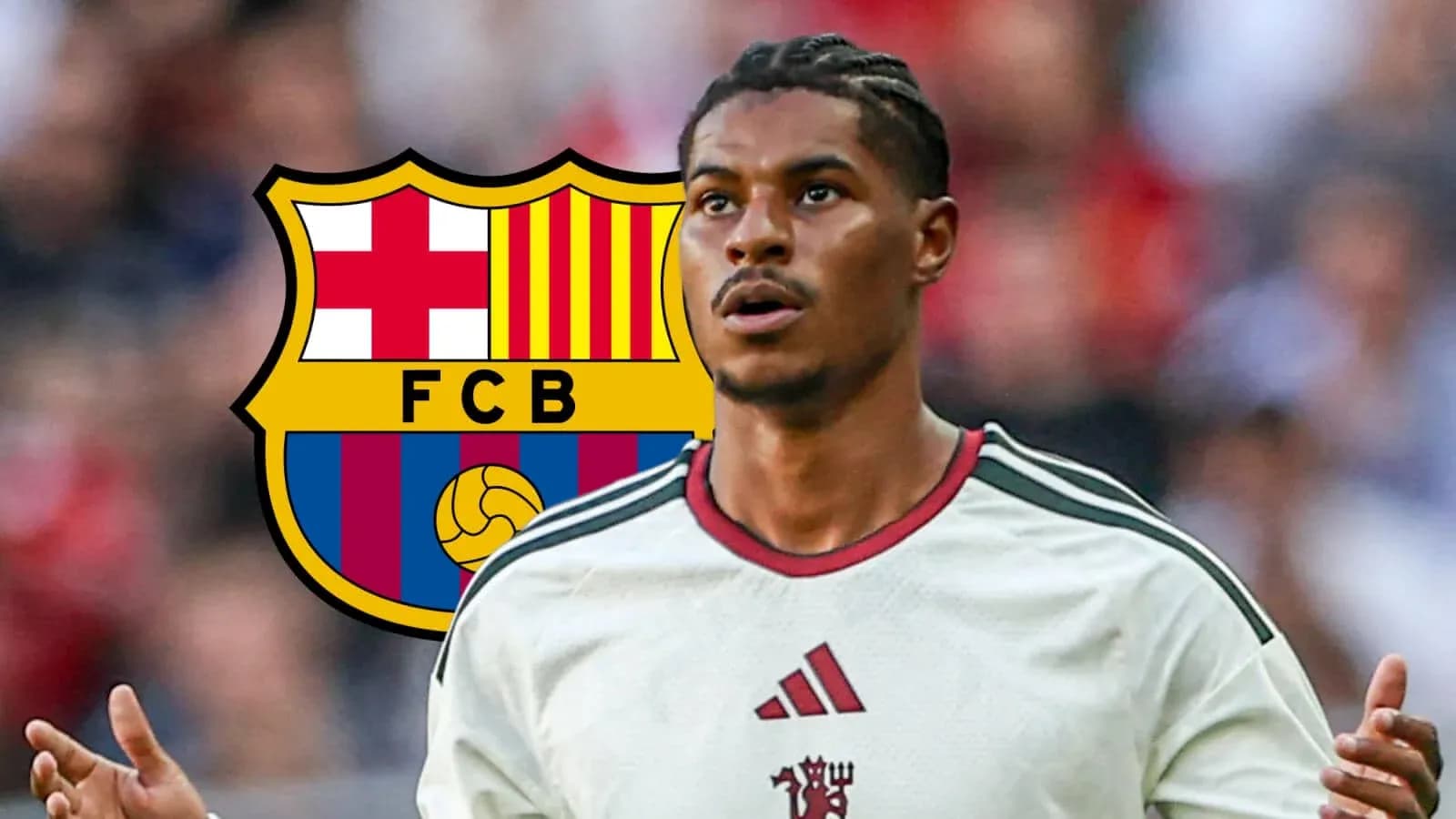 Jugador con camiseta blanca frente al escudo del Barcelona