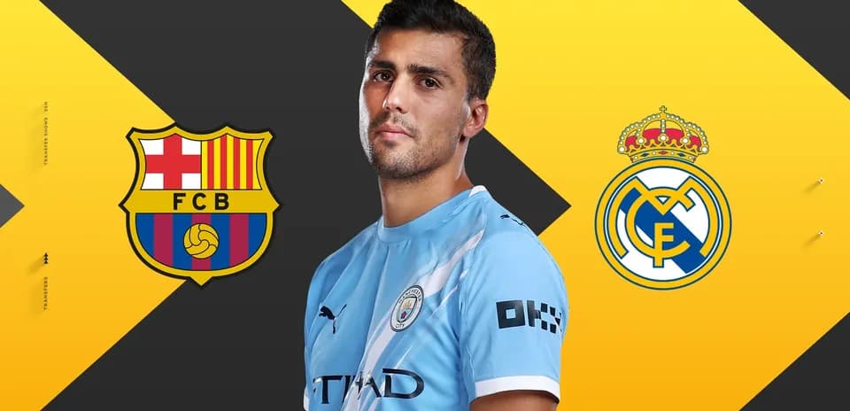 Jugador de fútbol con logos de Barcelona y Madrid
