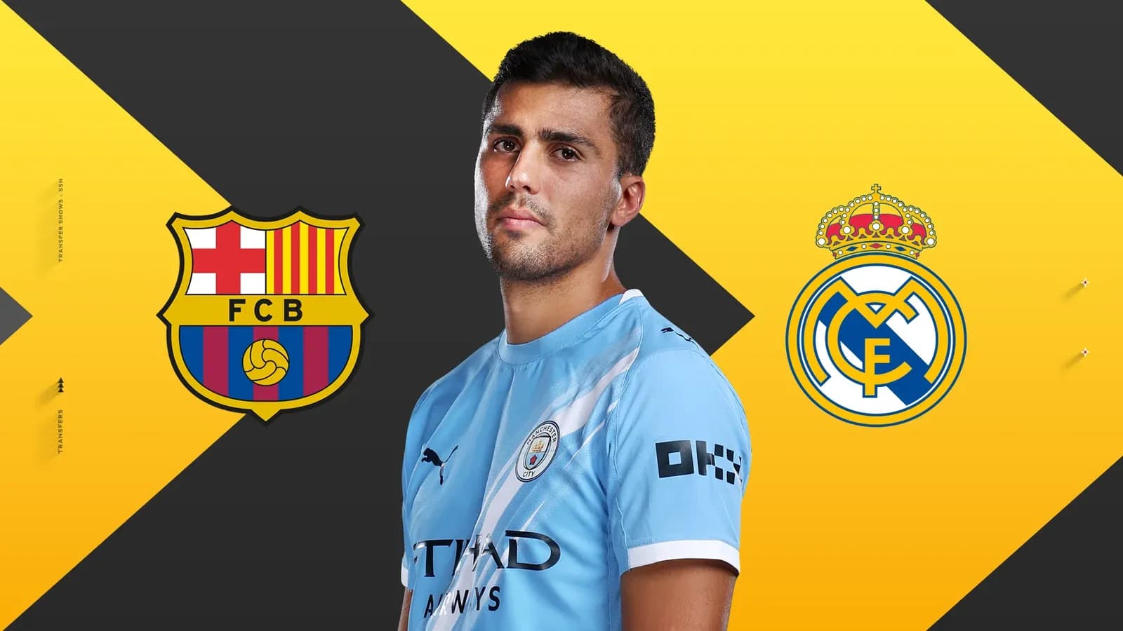 Jugador de fútbol con logos de Barcelona y Madrid