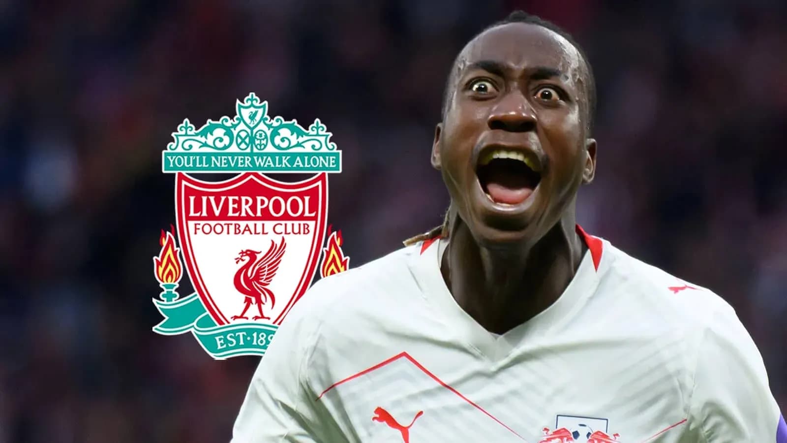 Jugador celebrando con logo de Liverpool de fondo