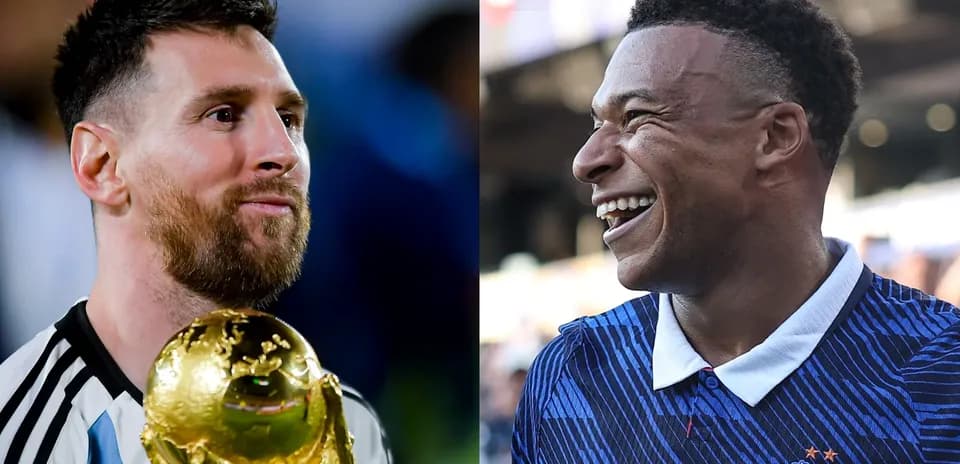 Lionel Messi sosteniendo la Copa del Mundo junto a Kylian Mbappé