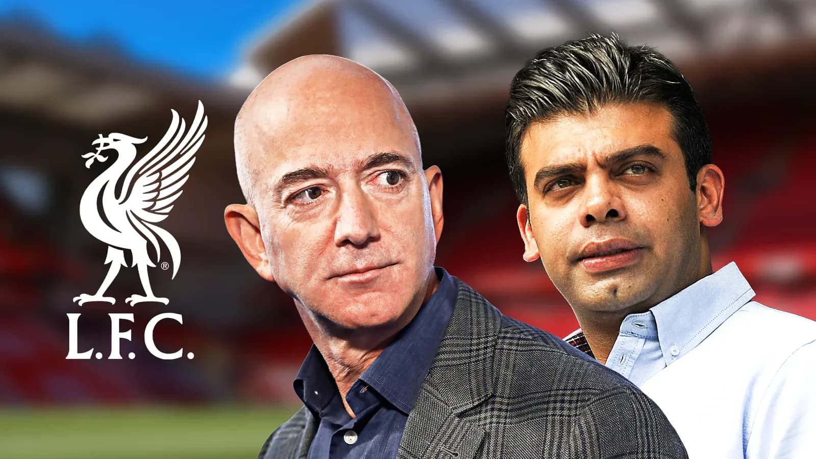 Jeff Bezos y empresario en fondo de estadio de Liverpool
