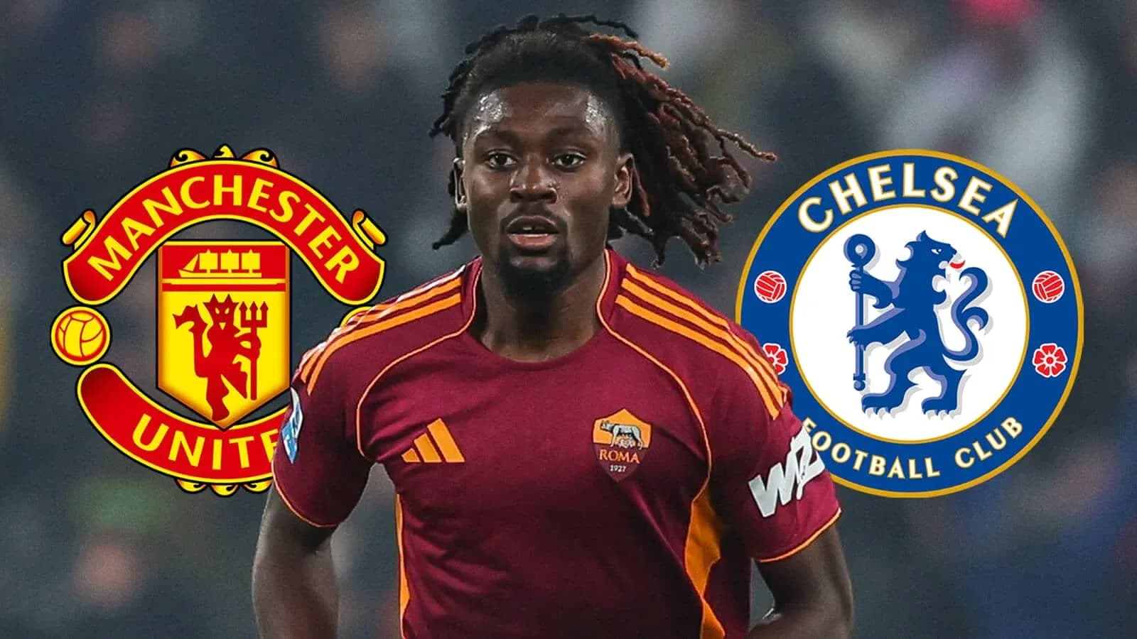 Jugador de Roma con logos de Manchester United y Chelsea