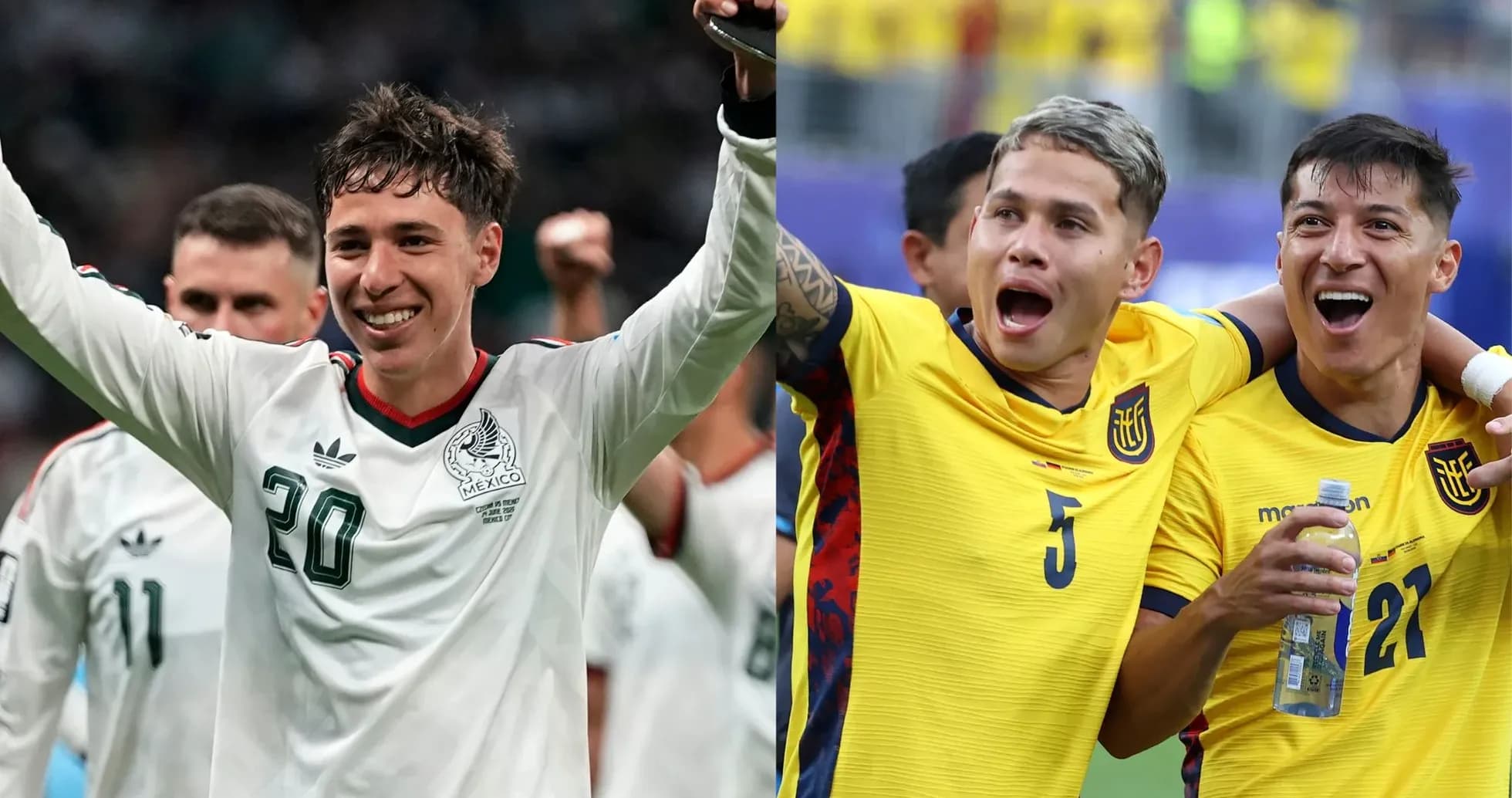 Jugadores de México y Ecuador celebrando juntos