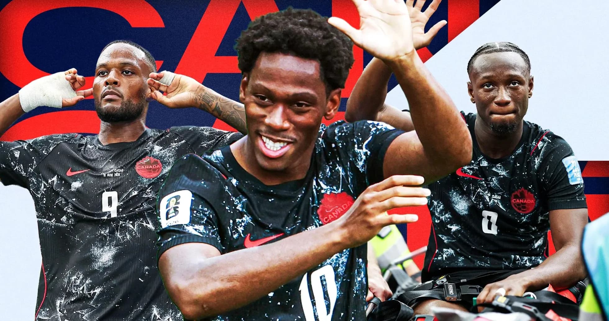 Tres jugadores de Canadá celebrando en la cancha