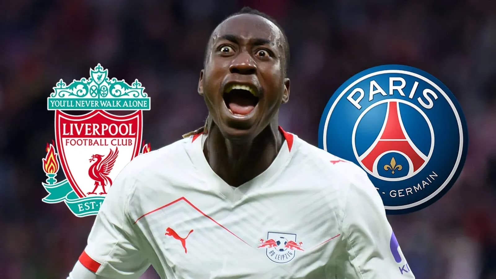 Jugador celebrando un gol con logos de Liverpool y PSG