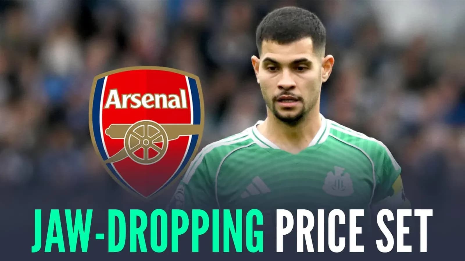 Jugador de Newcastle con camiseta verde frente a logo de Arsenal