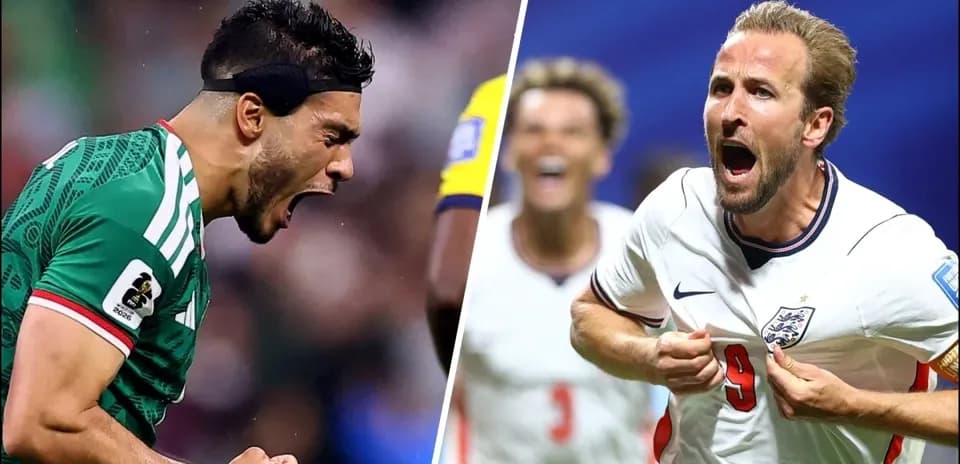 Jugadores de México e Inglaterra celebrando goles