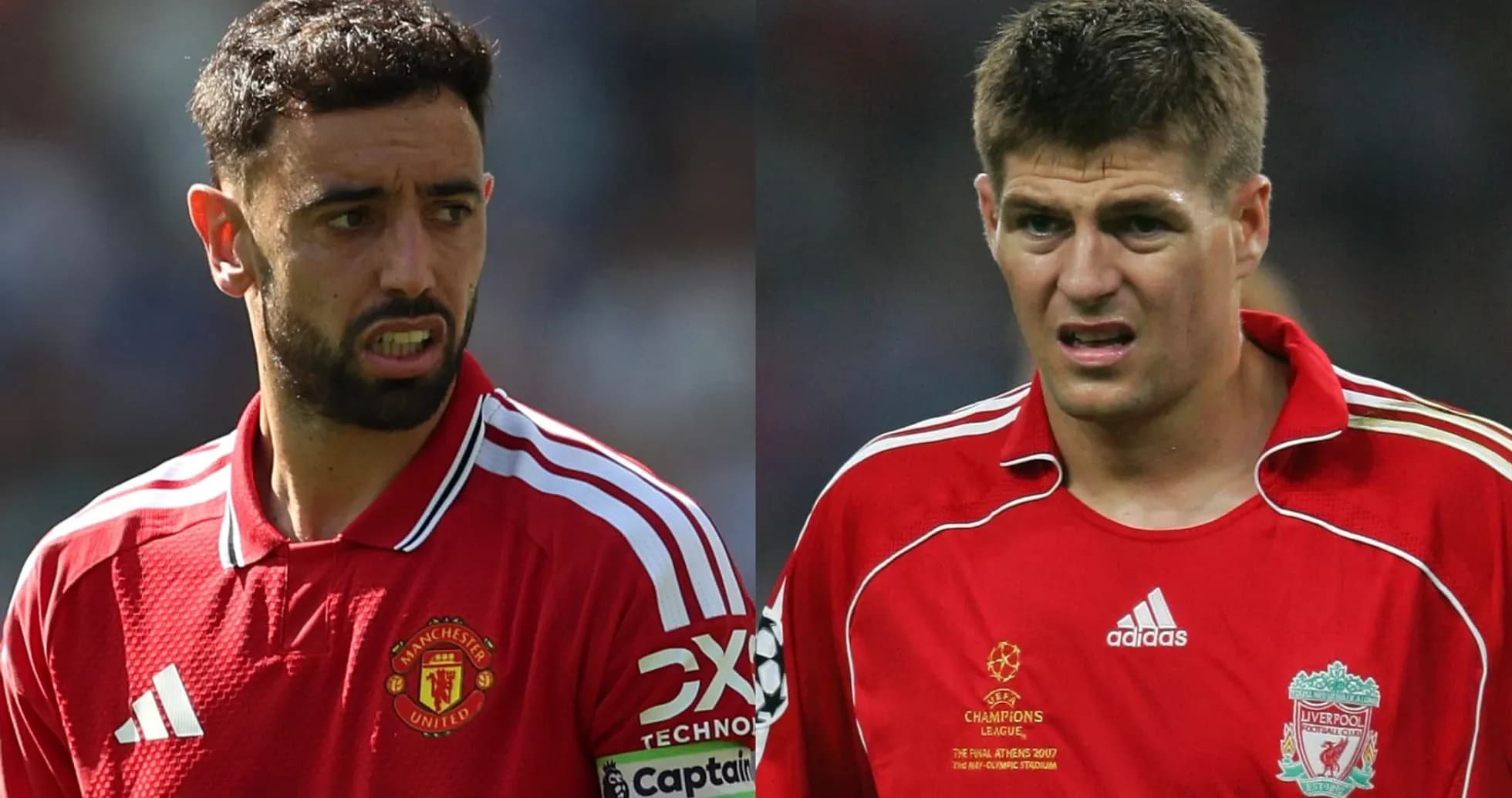 Bruno Fernandes y Steven Gerrard en uniformes de fútbol