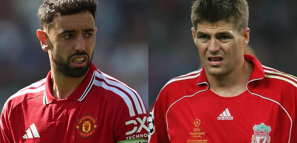 Bruno Fernandes y Steven Gerrard en uniformes de fútbol