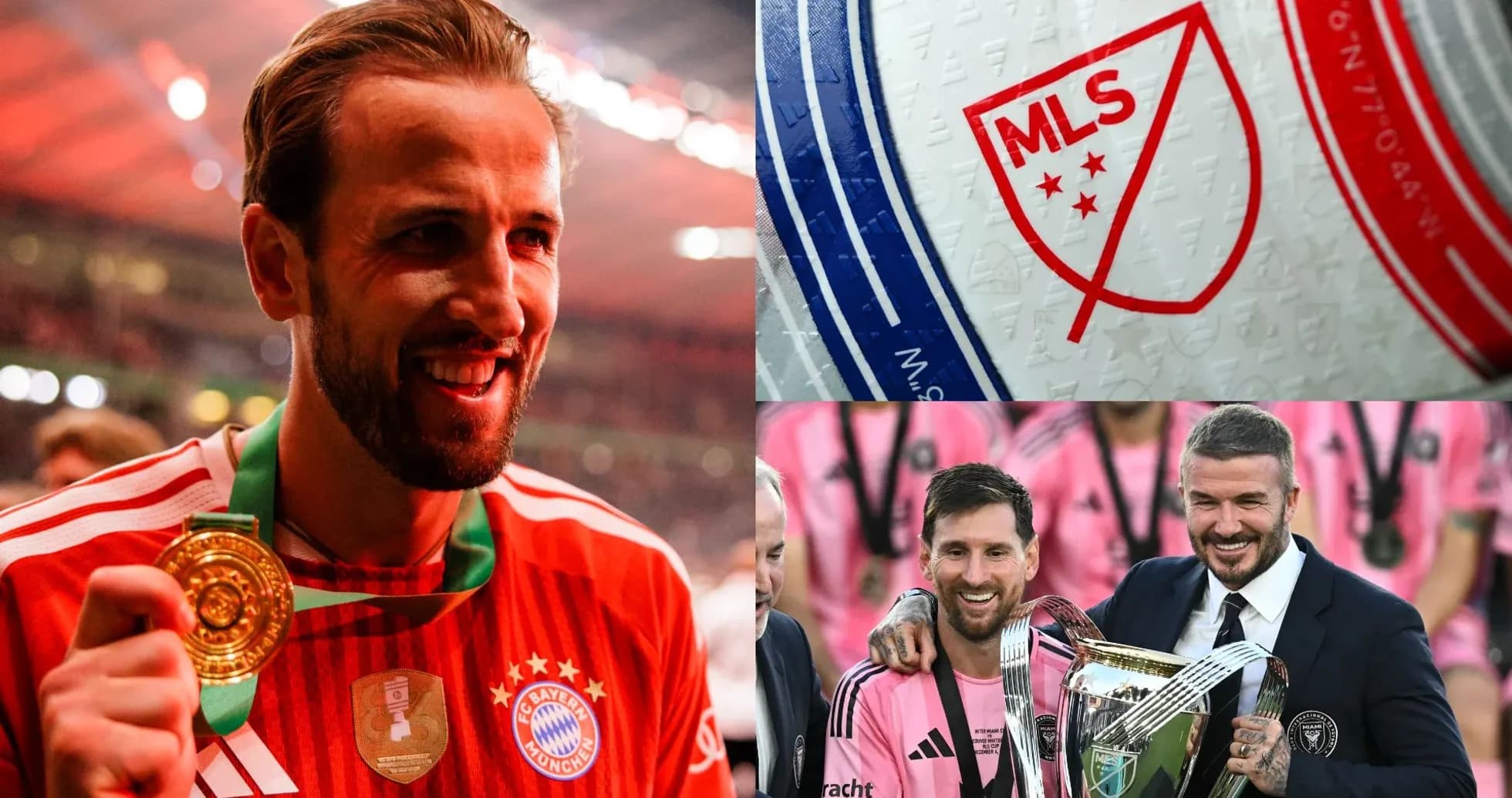 Harry Kane with trophy, MLS logo, Messi y Beckham celebrando