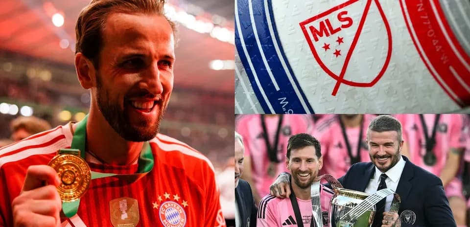 Harry Kane with trophy, MLS logo, Messi y Beckham celebrando