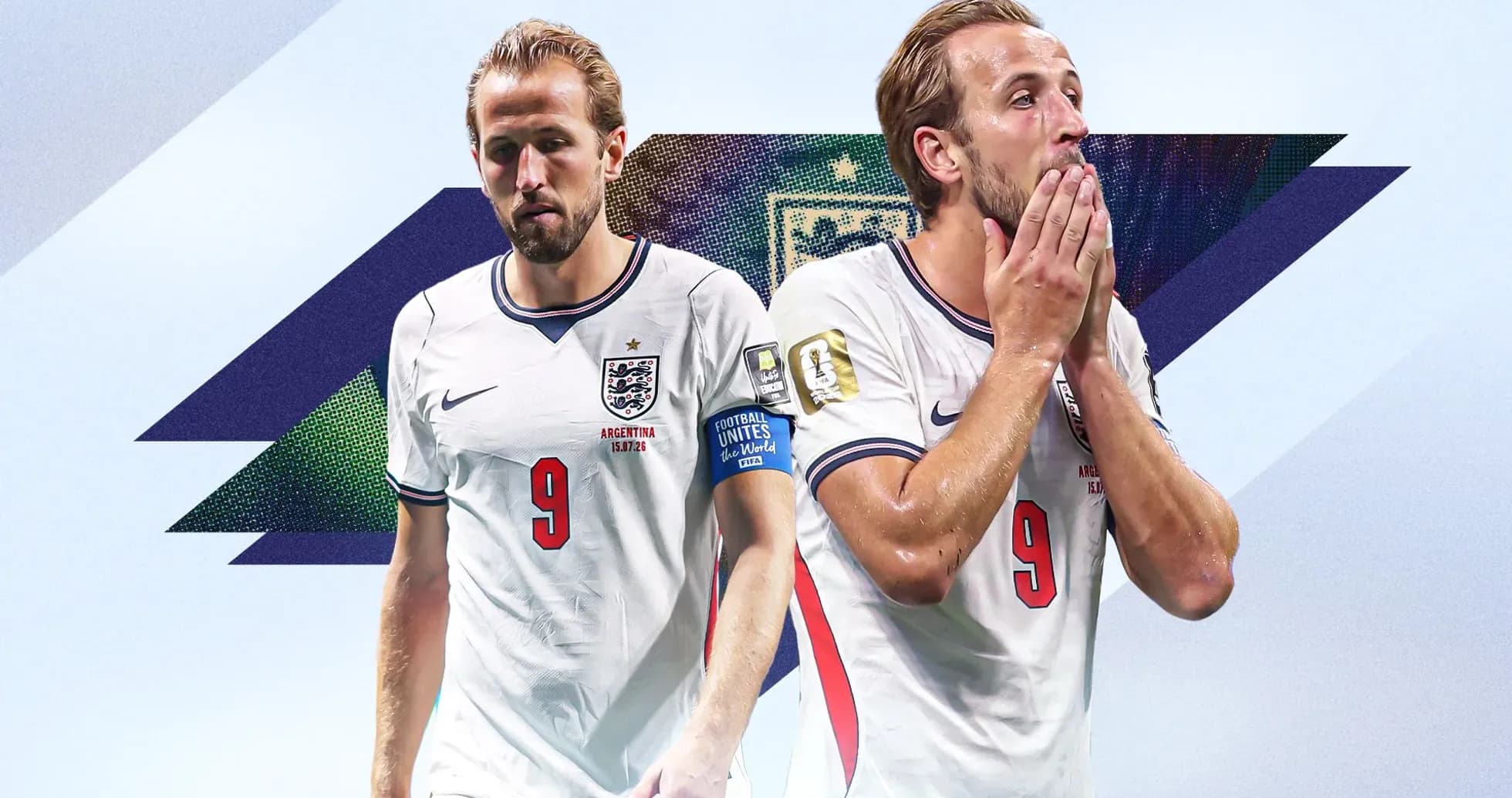 Harry Kane en uniforme de Inglaterra, mostrando emociones