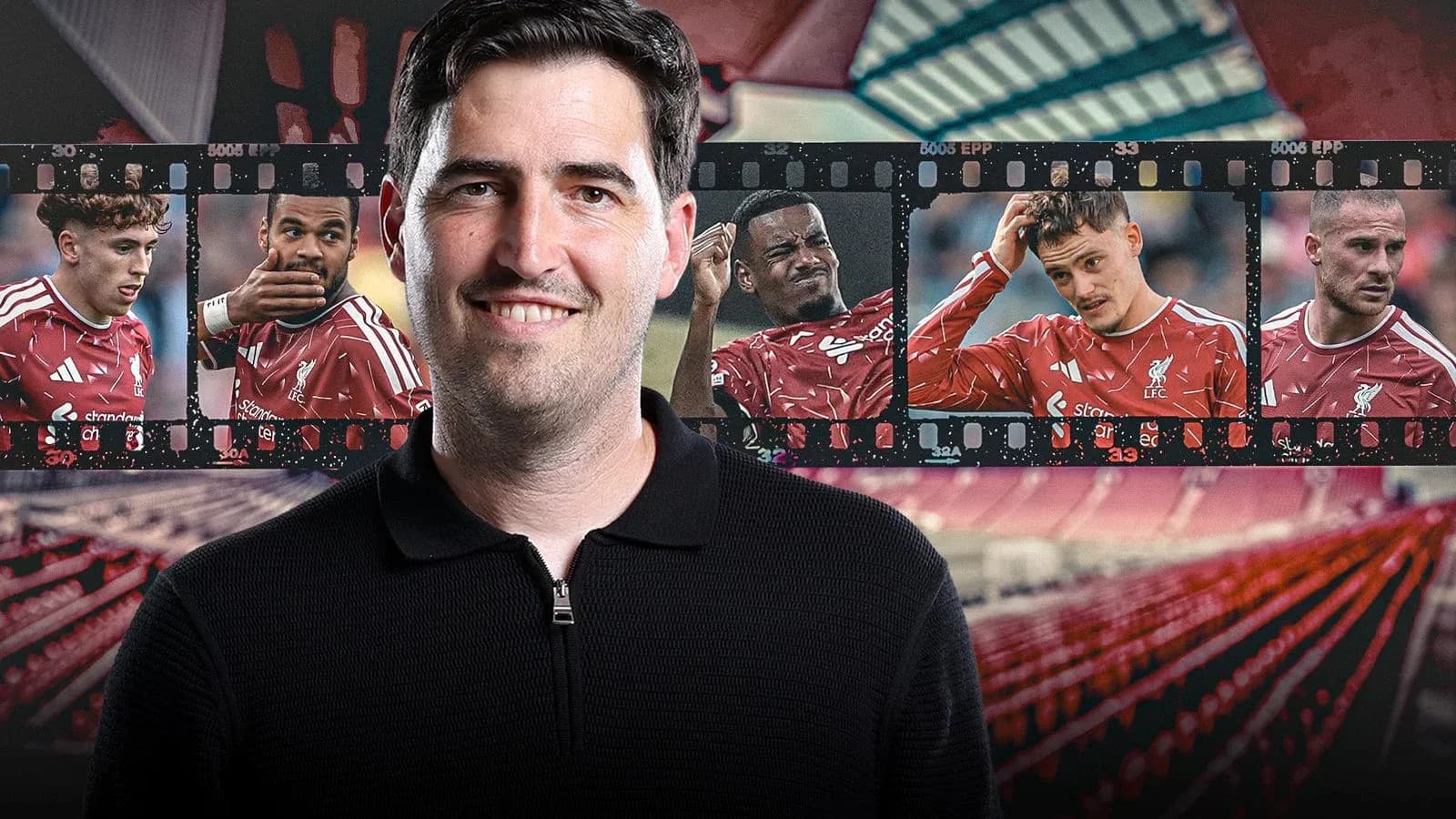 Entrenador con jugadores de Liverpool en fondo