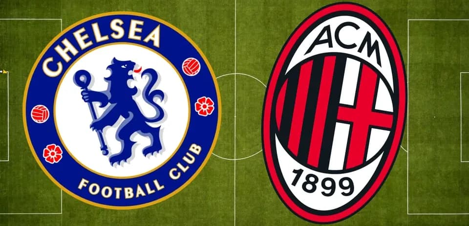 Logos de Chelsea y AC Milan sobre campo de fútbol