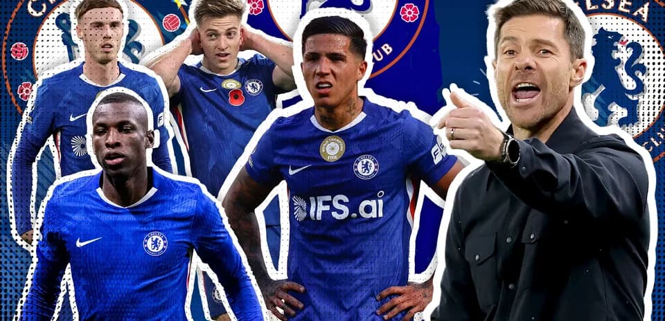 Jugadores de Chelsea y entrenador en fondo gráfico