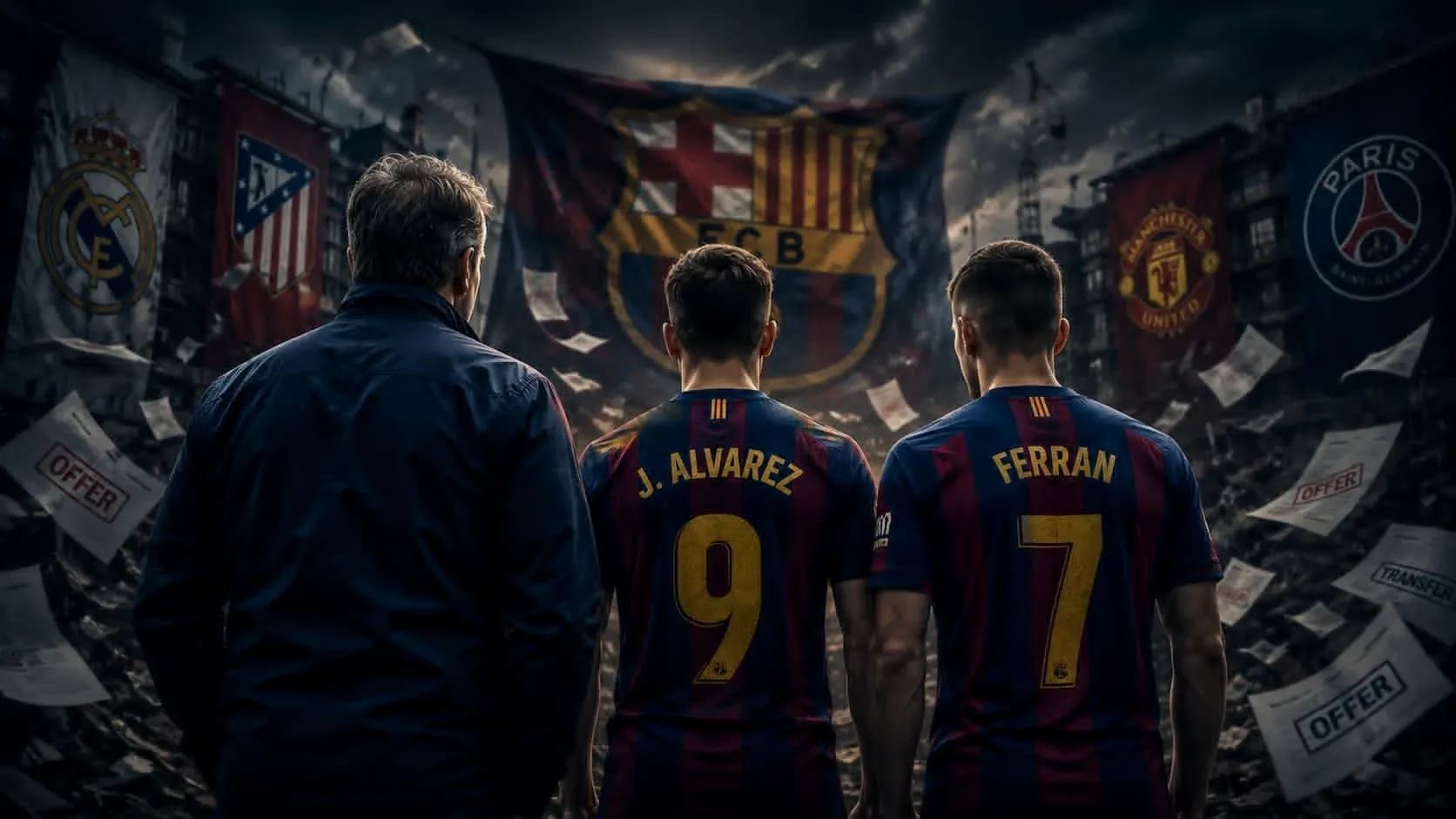 Jugadores de Barcelona frente a banderas de clubes rivales