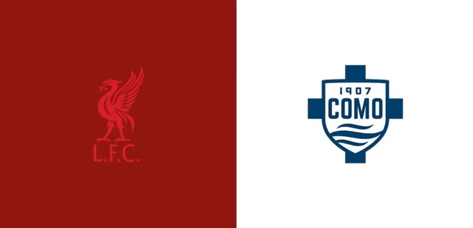 Logos de Liverpool y Como en fondo rojo y blanco