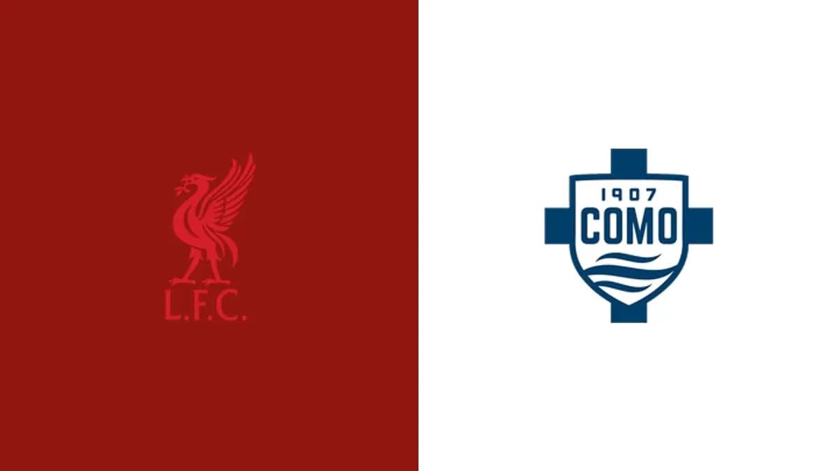 Logos de Liverpool y Como en fondo rojo y blanco
