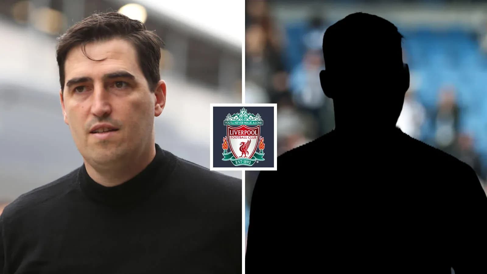 Hombre caminando junto al escudo de Liverpool