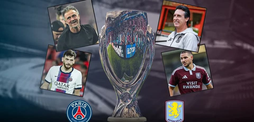 Entrenadores y jugadores de PSG y Aston Villa junto a trofeo