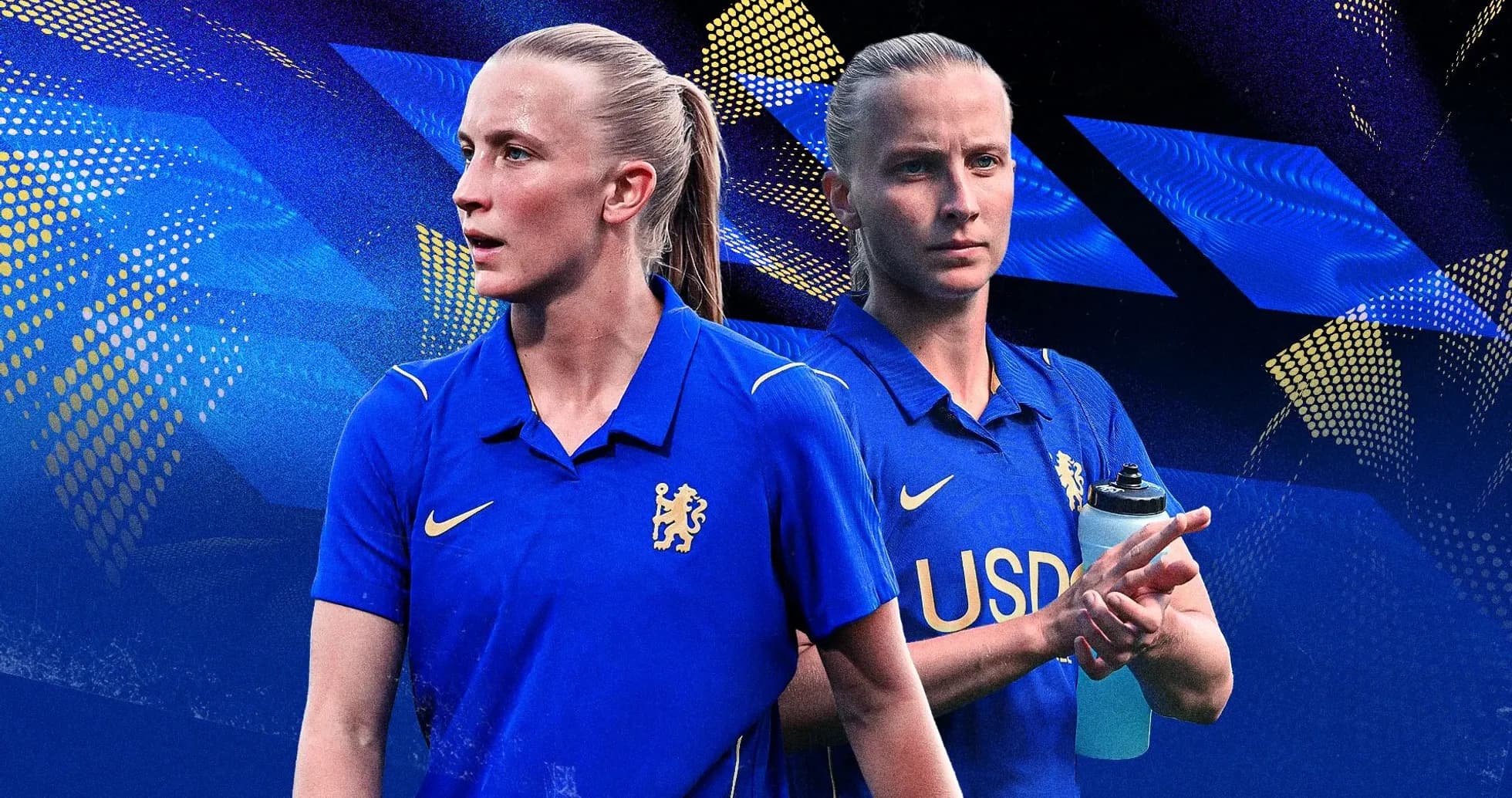 Jugadora de fútbol con camiseta azul del Chelsea