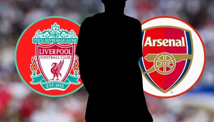 Logos de Liverpool y Arsenal con silueta de jugador