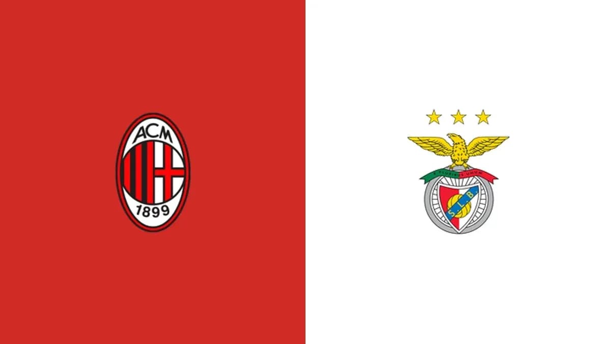 Logos de AC Milan y Benfica sobre fondo rojo y blanco