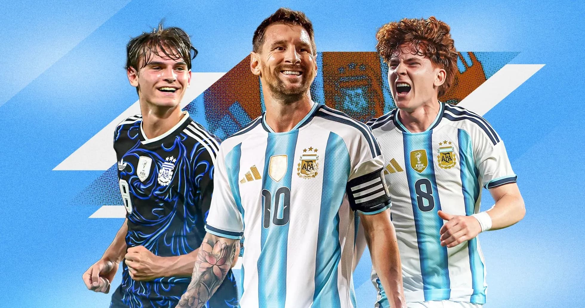Tres jugadores de Argentina en uniforme de fútbol