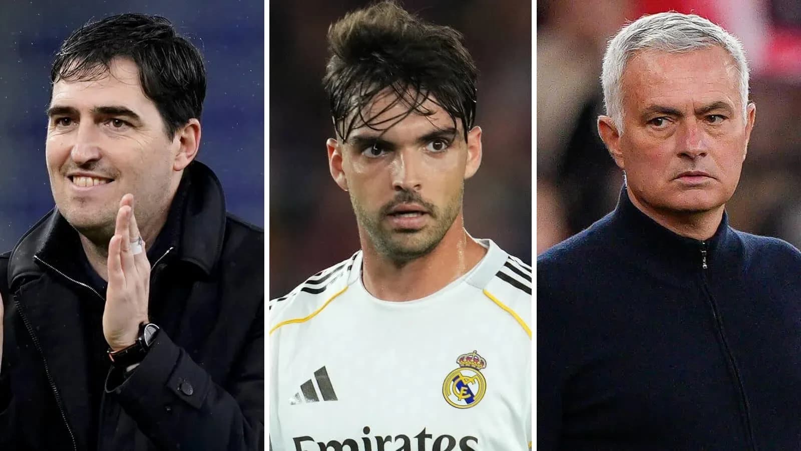 Tres hombres en diferentes contextos de fútbol
