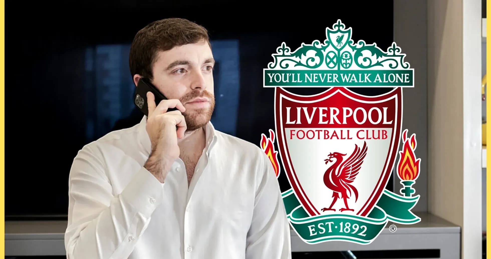 Hombre hablando por teléfono con logo de Liverpool