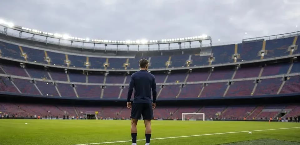 Jugador de pie en el campo del estadio Camp Nou