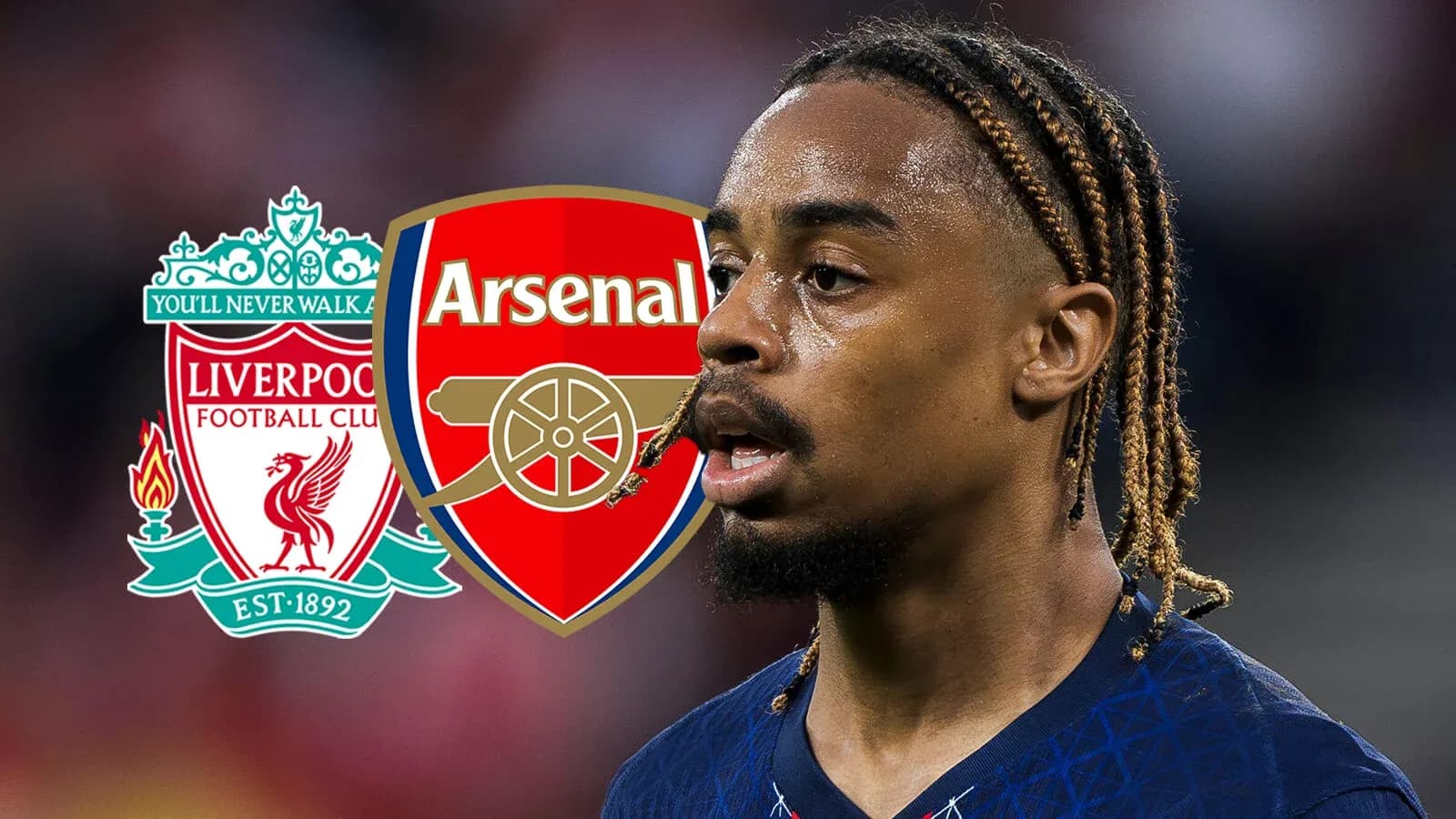 Jugador con trenzas frente a logotipos de Liverpool y Arsenal