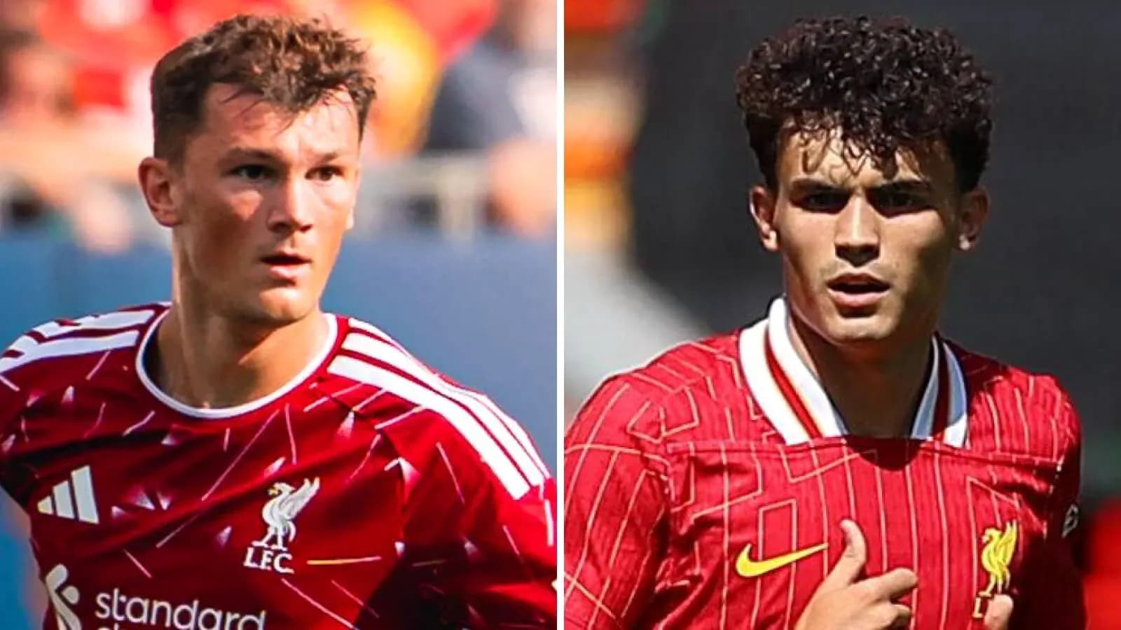 Dos jugadores de Liverpool en uniforme durante partido